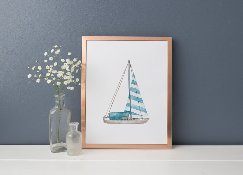 Blue Sailboat Watercolor Art Print Physical Art Print - Etsy | Etsy (US)
