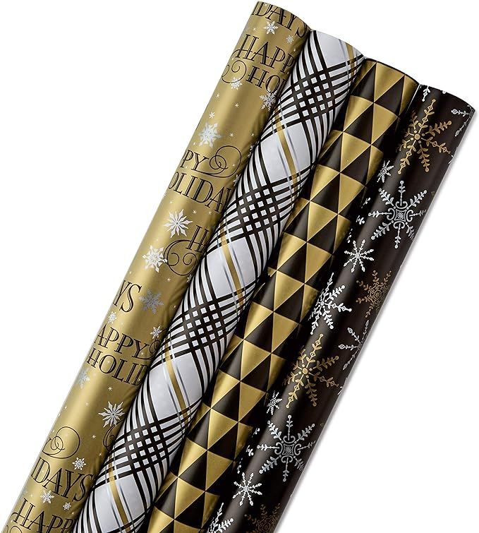 Hallmark Reversible Black Christmas Wrapping Paper, Black and Gold, Stripes and Snowflakes (Pack ... | Amazon (US)
