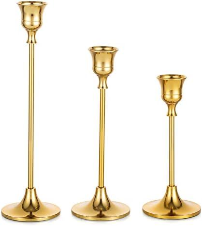 Sziqiqi Gold Candlesticks Holder for Table Centerpiece - Set of 3 Taper Candlestick Holders Brass Me | Amazon (US)