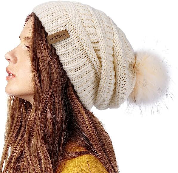 FURTALK Womens Winter Knit Slouchy Beanie Hat Warm Skull Ski Cap Faux Fur Pom Pom Hats for Women | Amazon (US)