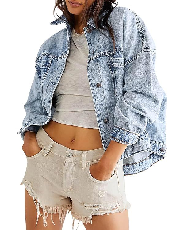 Fisoew Womens Oversized Denim Jacket Long Sleeve Button Down Casual Jean Coats with Pockets | Amazon (US)