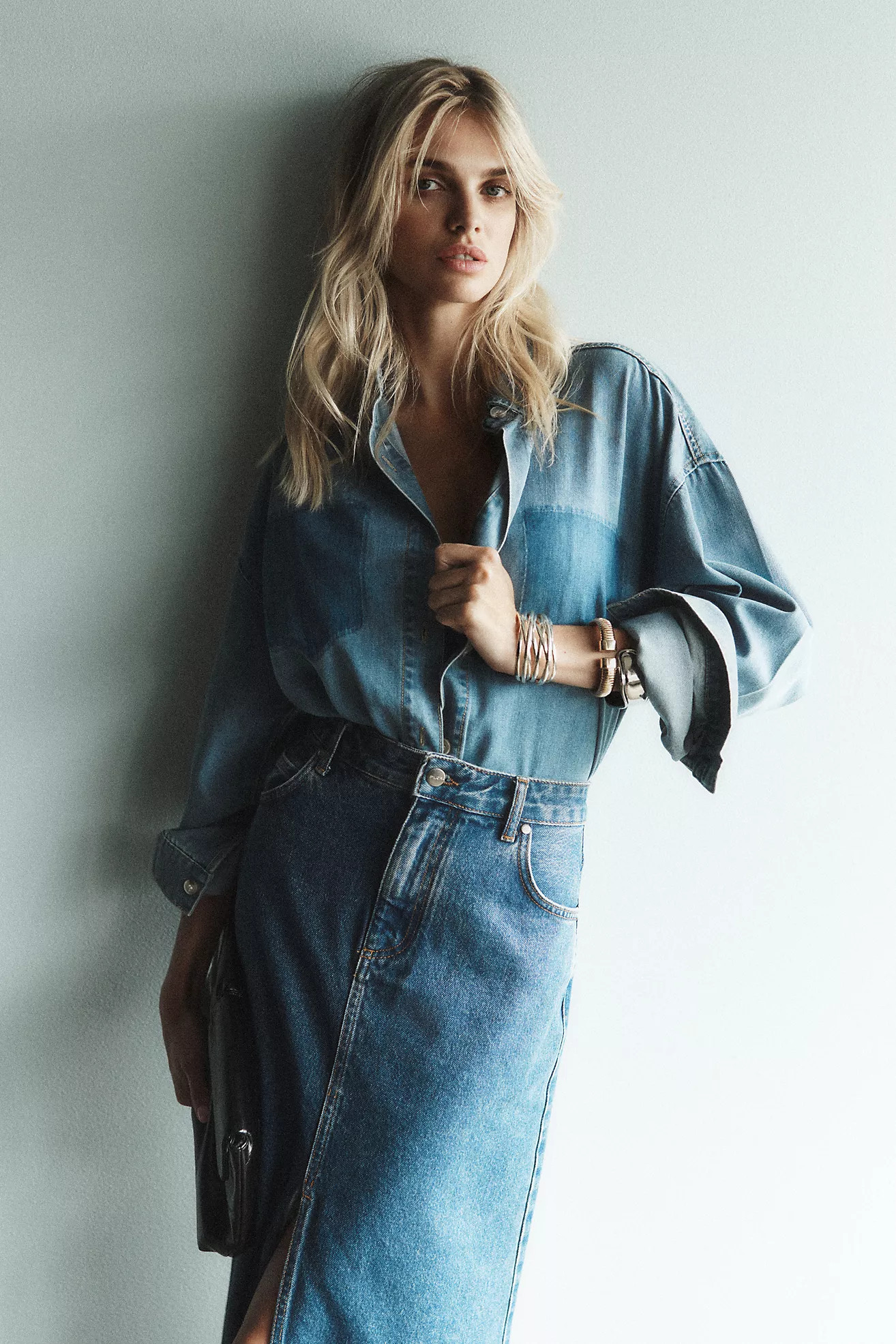 MABLE Long-Sleeve Burnout Pocket Denim Buttondown Shirt | Anthropologie (US)
