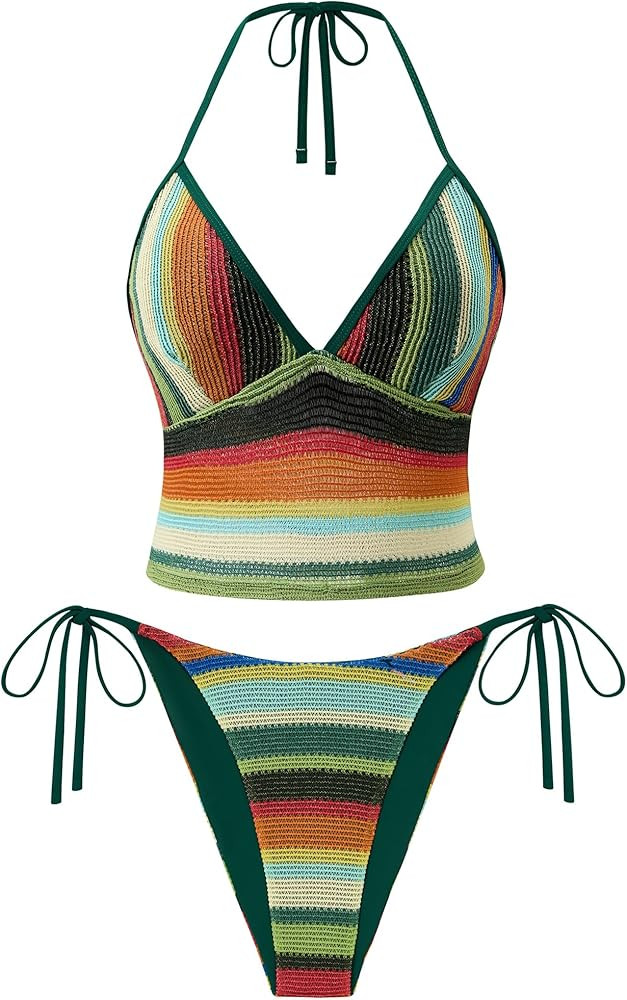 ZAFUL Striped Swim Suits for Women 2025 Halter V Neck Tankini Sets Terry Bikini High Cut Tie Side... | Amazon (US)