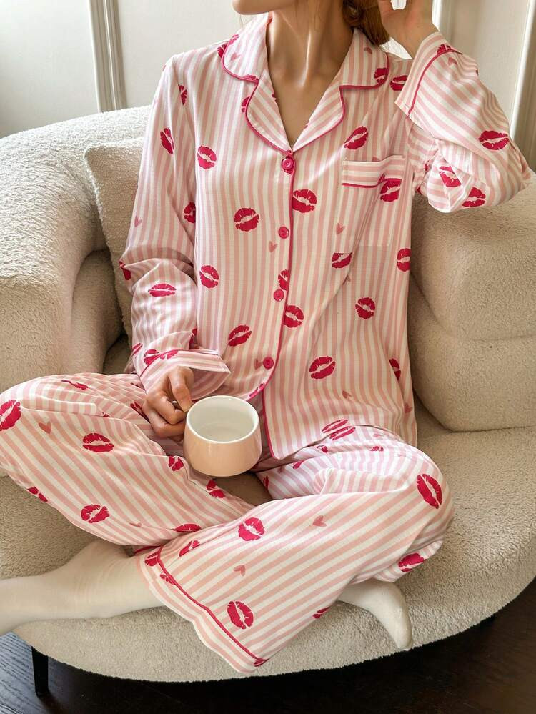 Dream Adore Red Lip & Striped Print Lapel Long Sleeve Pajama Set | SHEIN