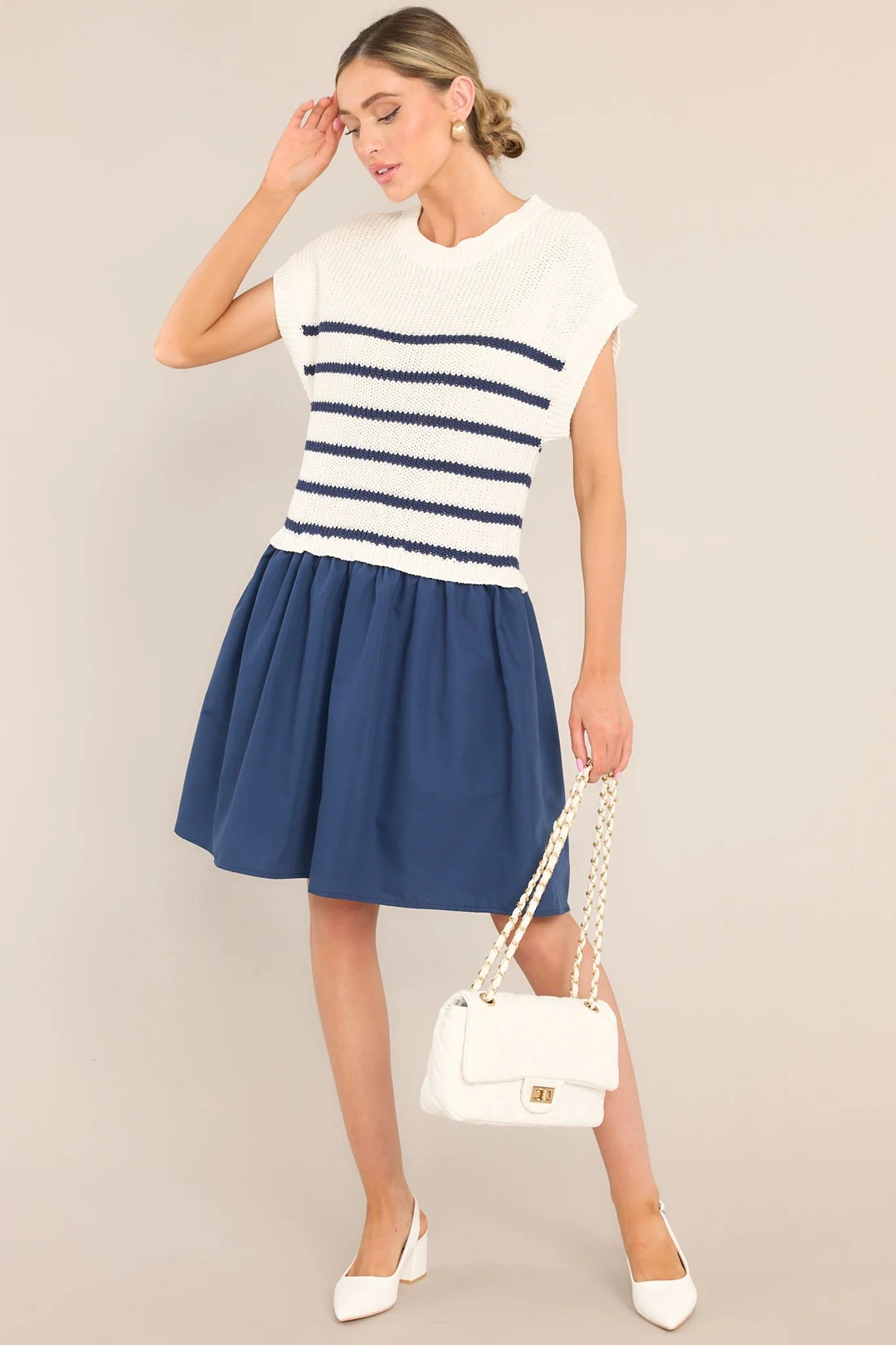 Journey Continues Ivory & Navy Stripe Sweater Mini Dress | Red Dress