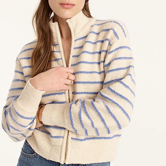 Zip-up cotton bouclé sweater in stripe | J.Crew US