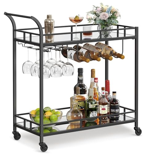VASAGLE Bar Cart Black, Home Bar Serving Cart, Wine Cart with 2 Mirrored Shelves, Wine Holders, Glass Holders, for Kitchen, Dining Room, Black ULRC090B62 | Amazon (US)