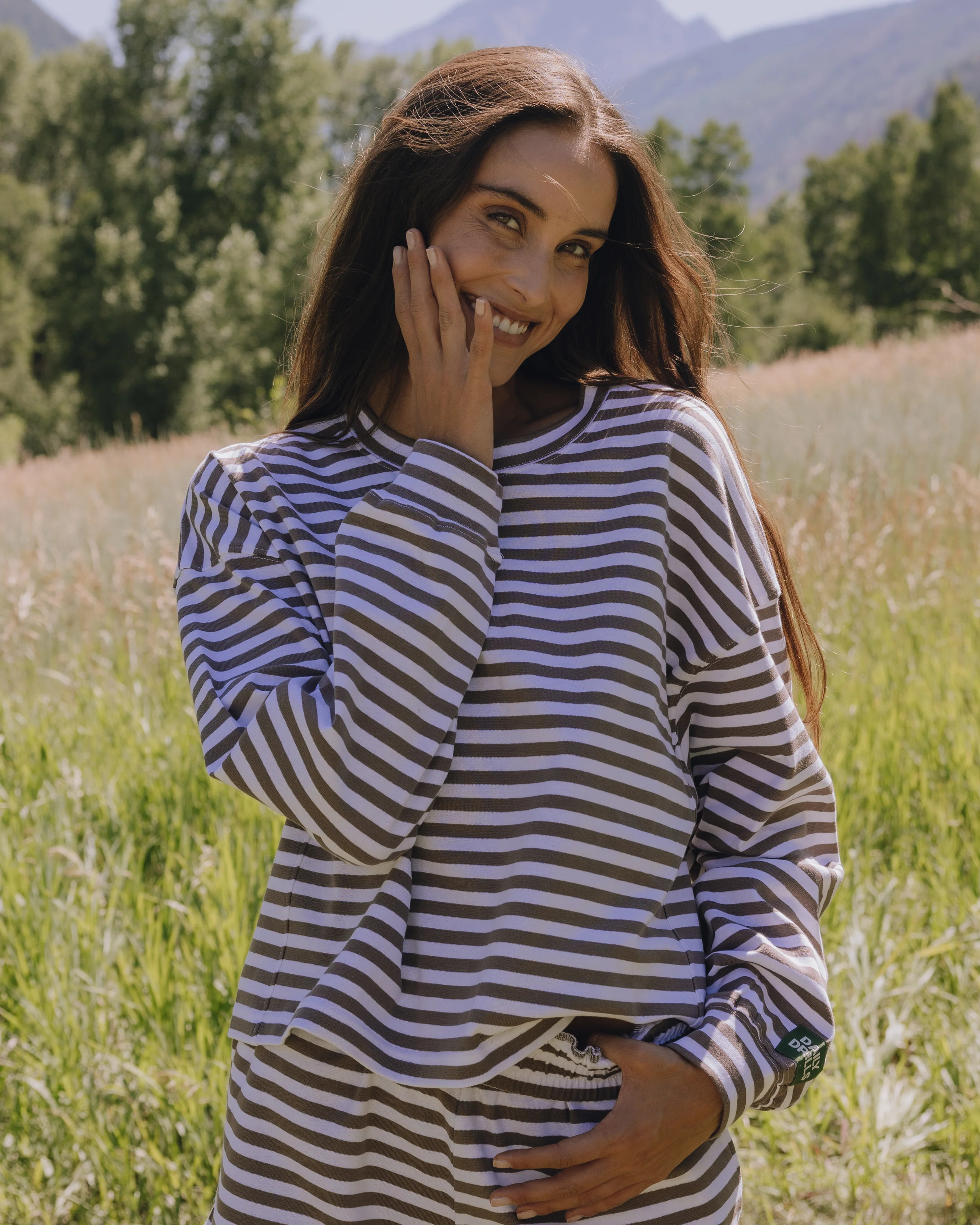 Striped Cotton Long Sleeve - Mocha + White Stripe | Daily Drills