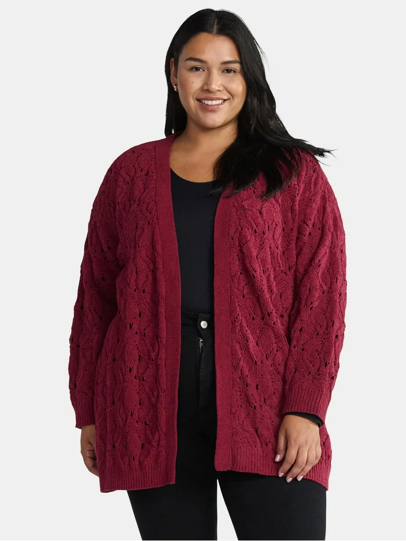 Terra & Sky Women's Plus Size Chenille Crochet Cardigan Sweater, Midweight, Sizes 0X-5X | Walmart (US)