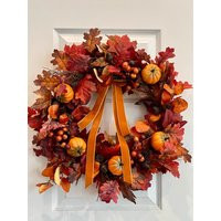 Fall Wreath Perfect For Your Front Door Decor Autumn Wreath, Pumpkins & Red Orange Maple Leaves, Rust Bow, Fall Berries | Etsy (US)