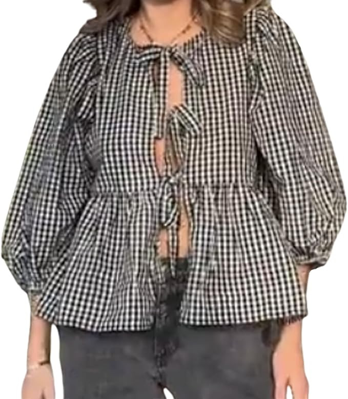 Tie Front Tops for Women Leopard Print Peplum Babydoll Top 3/4 Length Puff Sleeve Coquette Tops C... | Amazon (US)