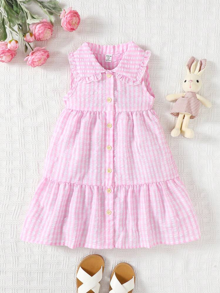 SHEIN Vintaside Kids Young Girls/Toddlers Elegant Sweet Pink Gingham Print Collared Sleeveless A-Line Dress With Gingham Patchwork, Suitable For Spring/Summer Outdoor Play, Photo Shoots, School Or Daily Wear | SHEIN