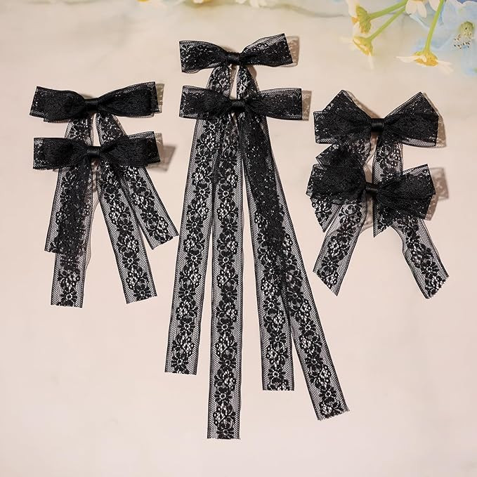 Hair Clip Bows for Women and Girls, 6Pcs Black Lace Tulle Bows with Long Tail Ribbon, Metal Bow H... | Amazon (US)