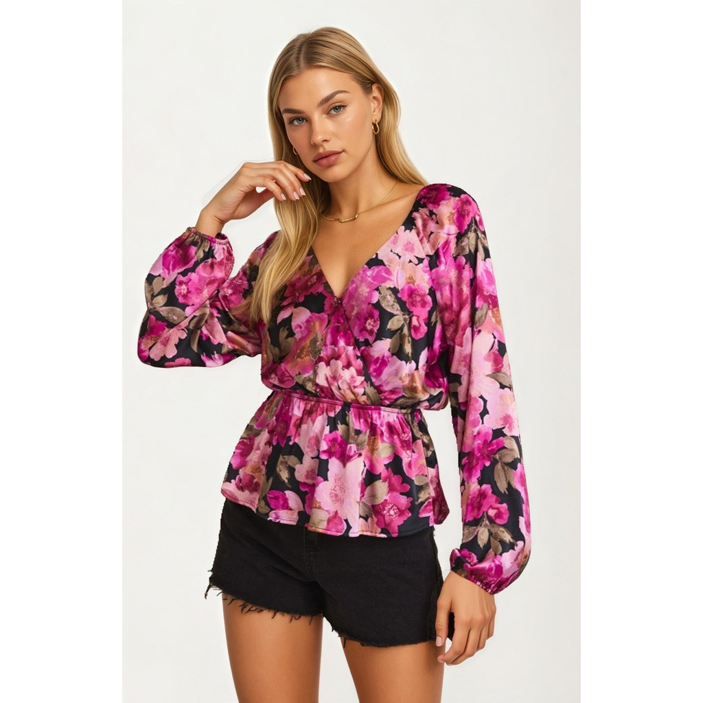 Knit and Lounge Long Sleeve V-Neck Floral Wrap Peplum Blouse in Pink Floral at Nordstrom, Size Large | Nordstrom