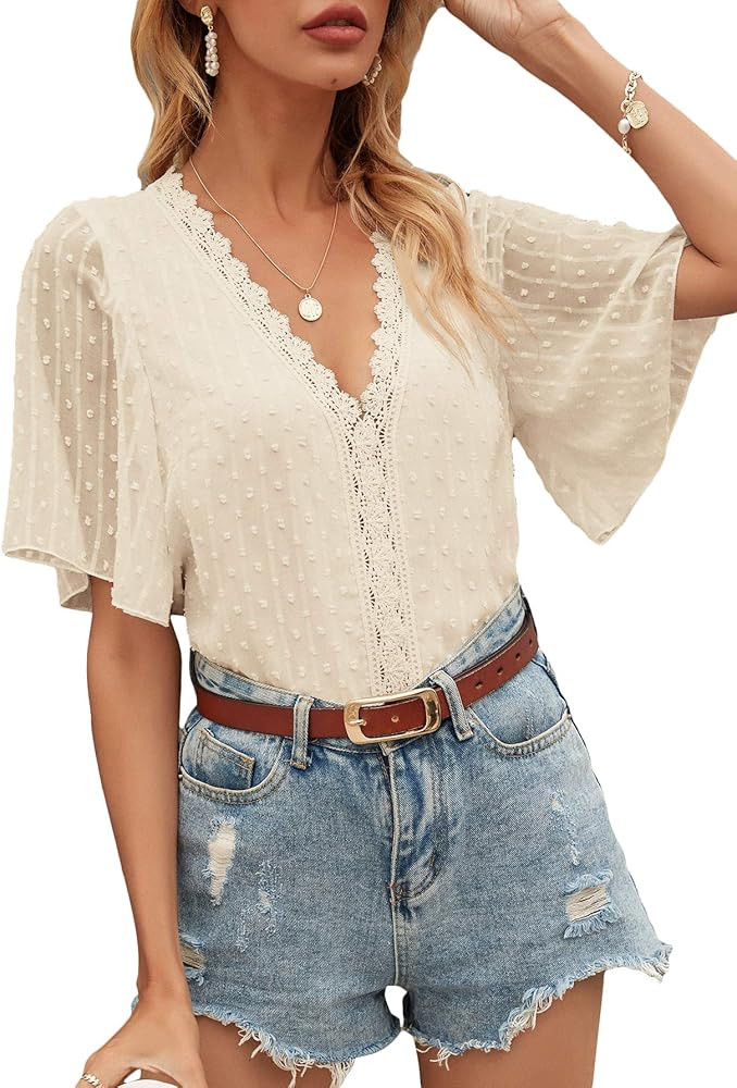 Romwe Women's Lace Short Sleeve Swiss Dots Mesh Sheer V Neck Blouse Tops | Amazon (US)