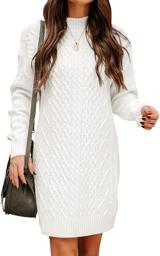 FSHAOES Womens Turtleneck Cable Knit Sweater Dress Fall Winter Long Sleeve Bodycon Mini Dresses S... | Amazon (US)