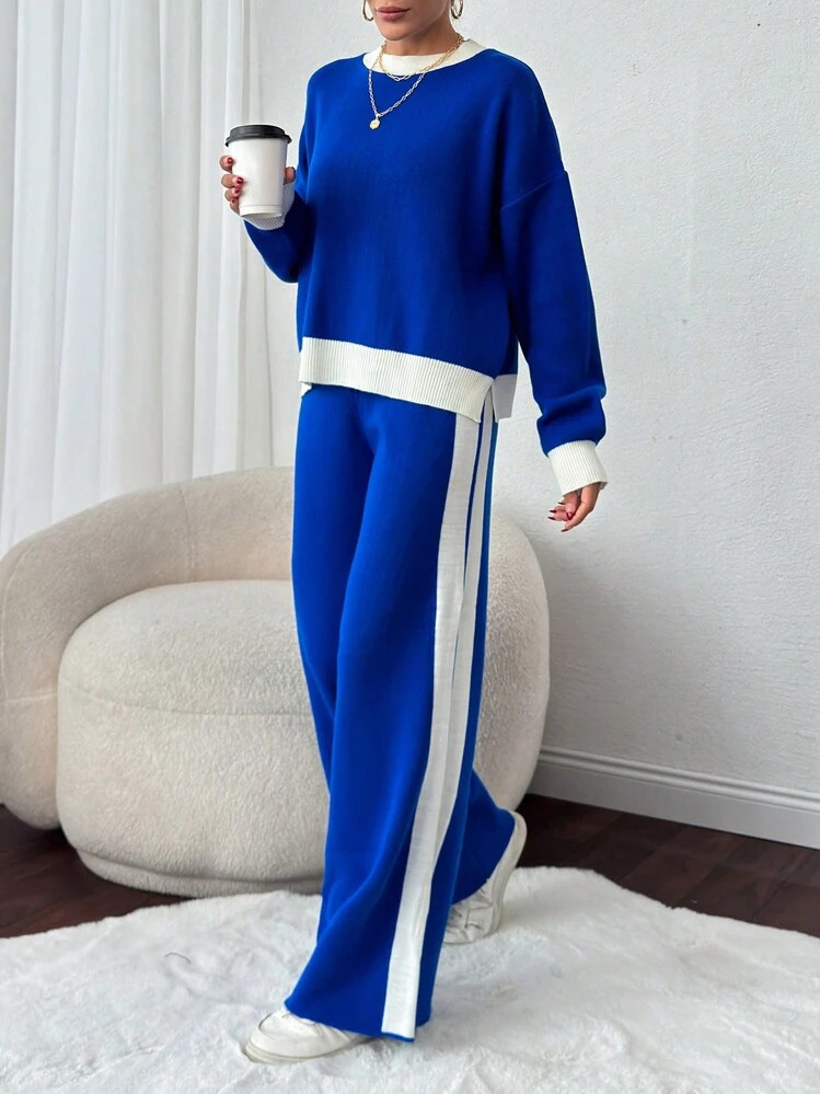 SHEIN Contrasting Blue & White Striped Loose Cropped Long Sleeve Knit Sweater + Pants 2pc Set For... | SHEIN