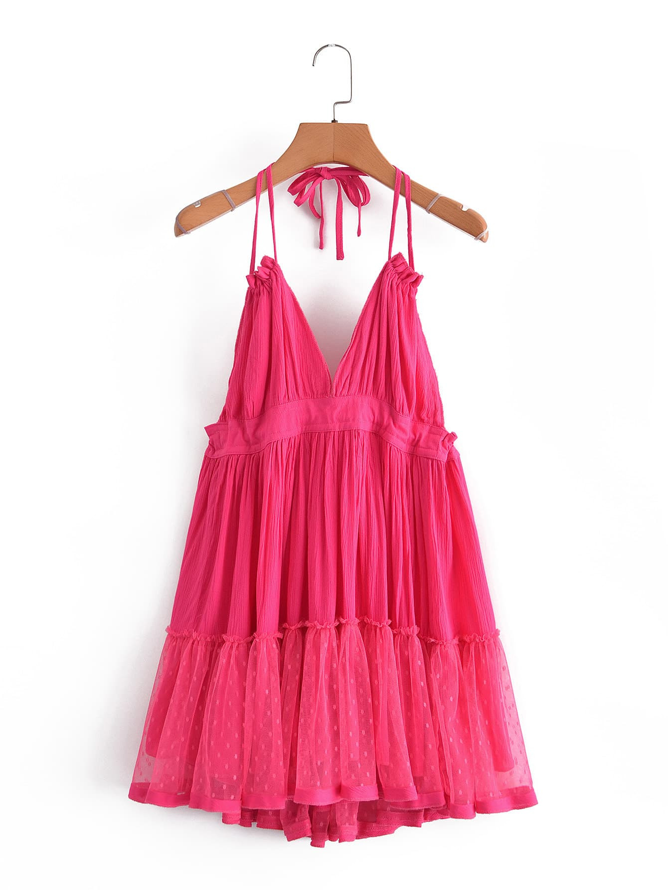 Dobby Mesh Self-Tie Ruffled Halter Dress | SHEIN