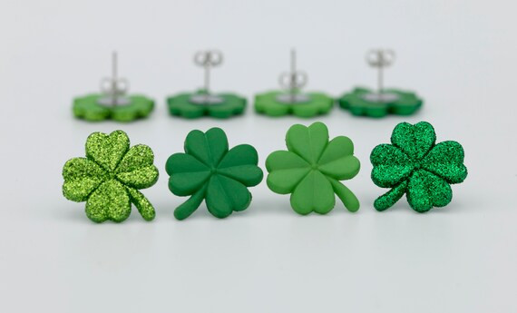 Shamrock Shaped Earrings for St. Patrick's Day- Four Leaf Clover- Solid Green & Green Glitter Col... | Etsy (US)