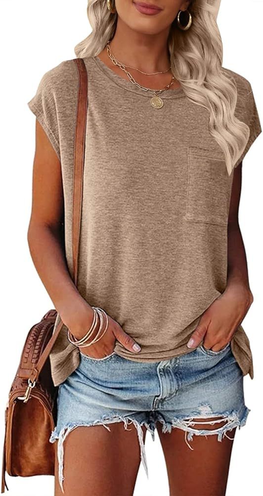 MEROKEETY Women's Casual Cap Sleeve T Shirts Basic Summer Tops Loose Solid Color Blouse | Amazon (US)