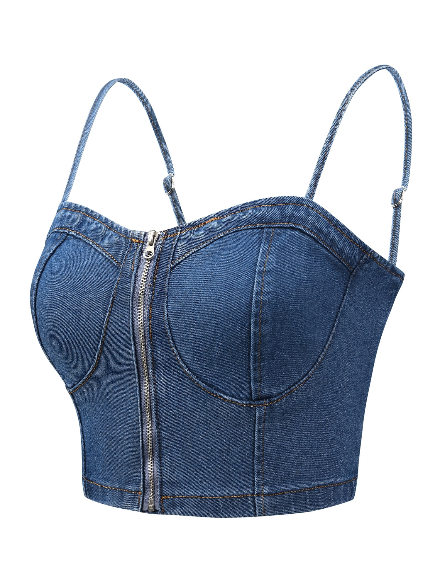 Unique Bargains Women's Zip Up Sleeveless Spaghetti Strap Bustier Crop Denim Tops XL Blue | Walmart (US)