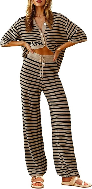 Tankaneo Womens Knit 2 Piece Lounge Sets Striped Short Sleeve Tops and Wide Leg Pants Travel Airp... | Amazon (US)