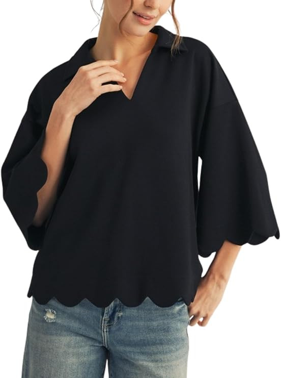 Womens Scallop Edge Detail Solid Top 3/4 Sleeve V-Neck Collared Blouse Shirt | Amazon (US)