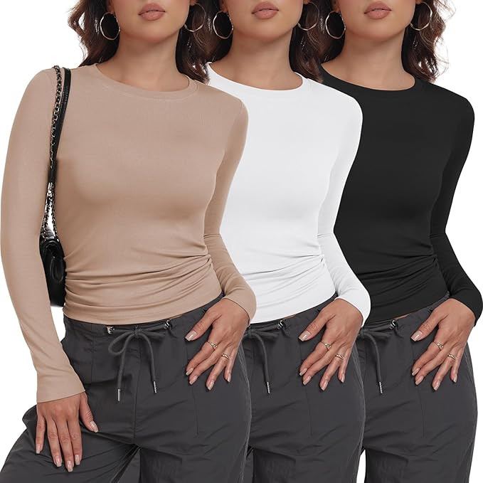 MLYENX 3 Pack Womens Long Sleeve Shirts Crew Neck Basic Stretchy Fitted Y2K Tops Going Out Fashio... | Amazon (US)