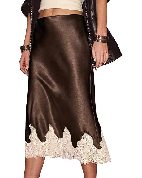 Satin Skirts for Women Silk Midi Skirt Flowy Lace Skirt | Amazon (US)