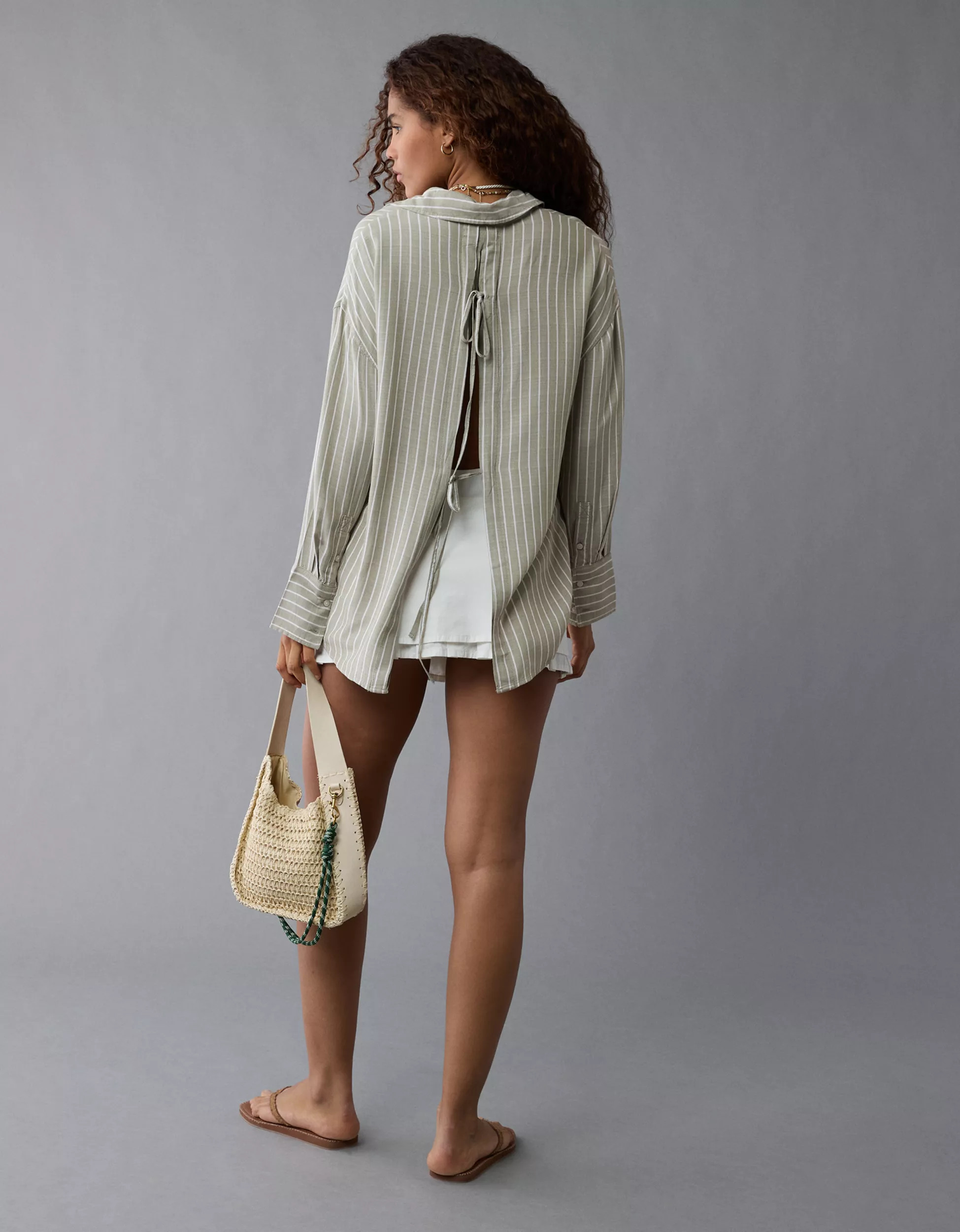 AE Long-Sleeve Tie Back Button-Up Shirt | American Eagle Outfitters (US & CA)