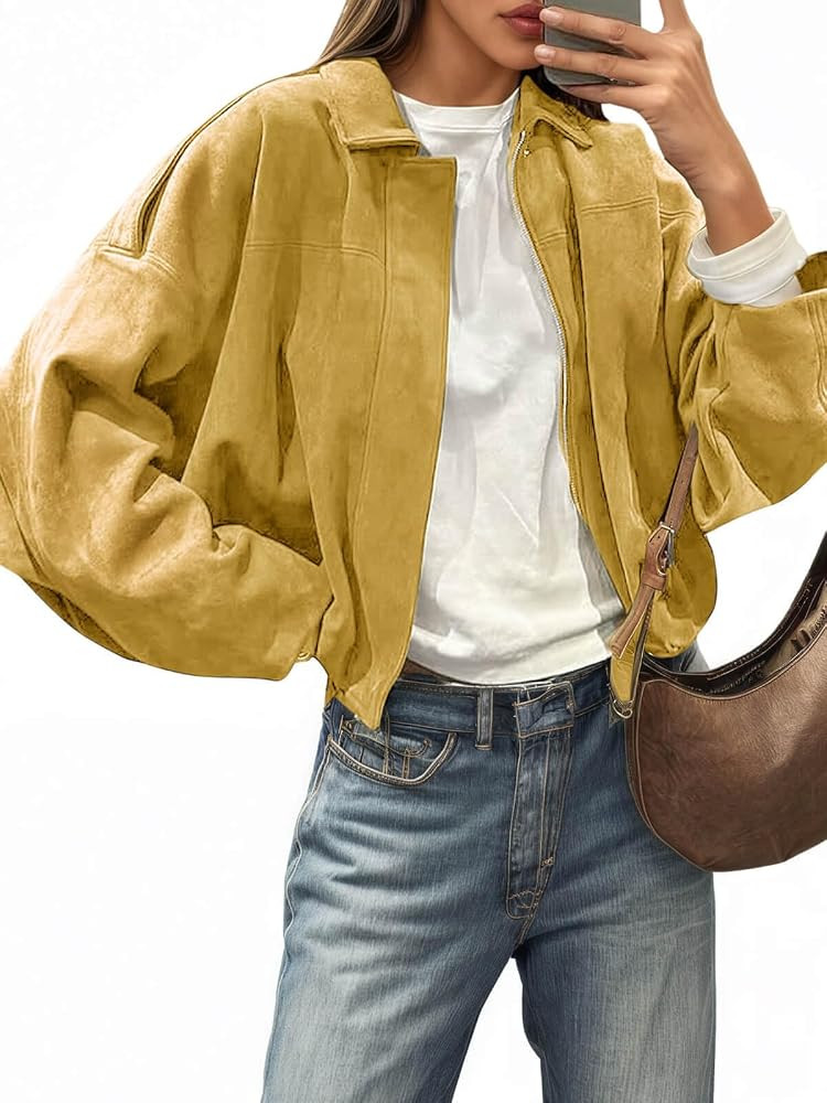 Cicy Bell Womens Faux Suede Bomber Jackets Oversized Cropped Zip Up Coats | Amazon (US)