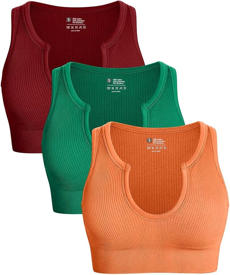 OQQ Women's 3 Piece Medium Support Crop Top Seamless Ribbed Removable Cups Workout Yoga Sport Bra | Amazon (US)