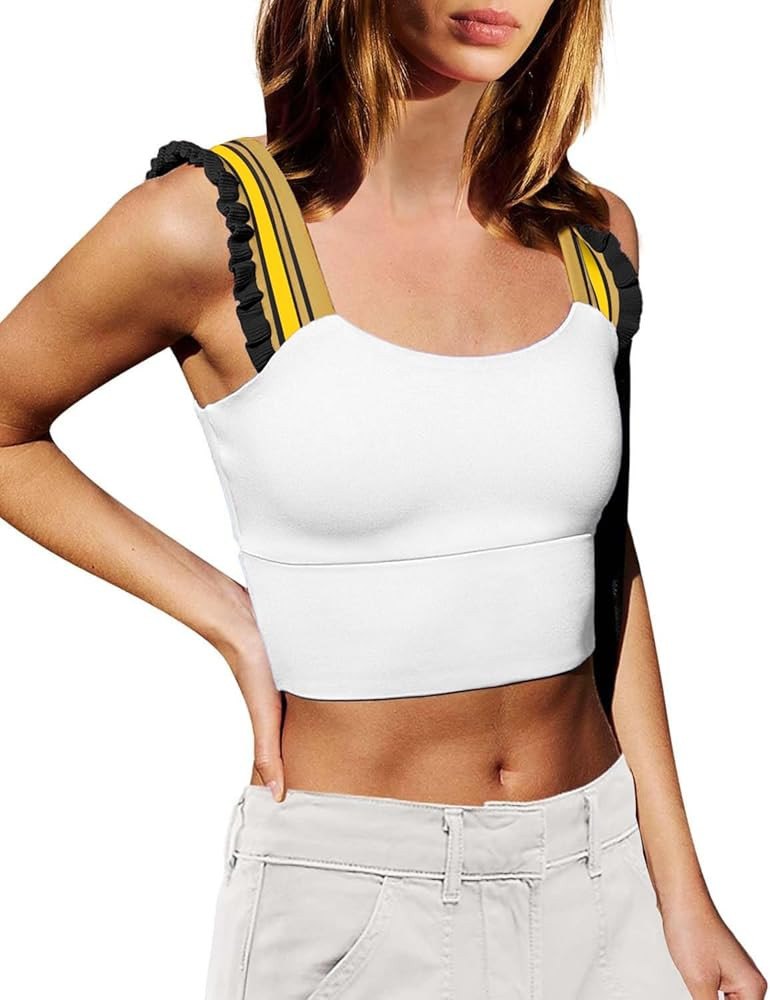 Wenlia Women's Cropped Tank Tops Sleeveless Stretchy Camisole Ruffle Wide Strap Cut Out Workout G... | Amazon (US)