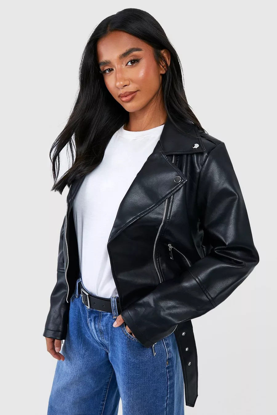 Petite - Veste motard à ceinture | Boohoo.com (FR)