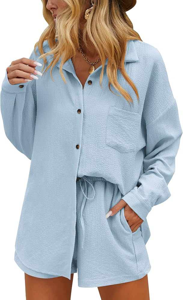 Ekouaer Two Piece Sets for Women Long Sleeve Lounge Set Button Down Shirts and Casual Shorts with... | Amazon (US)