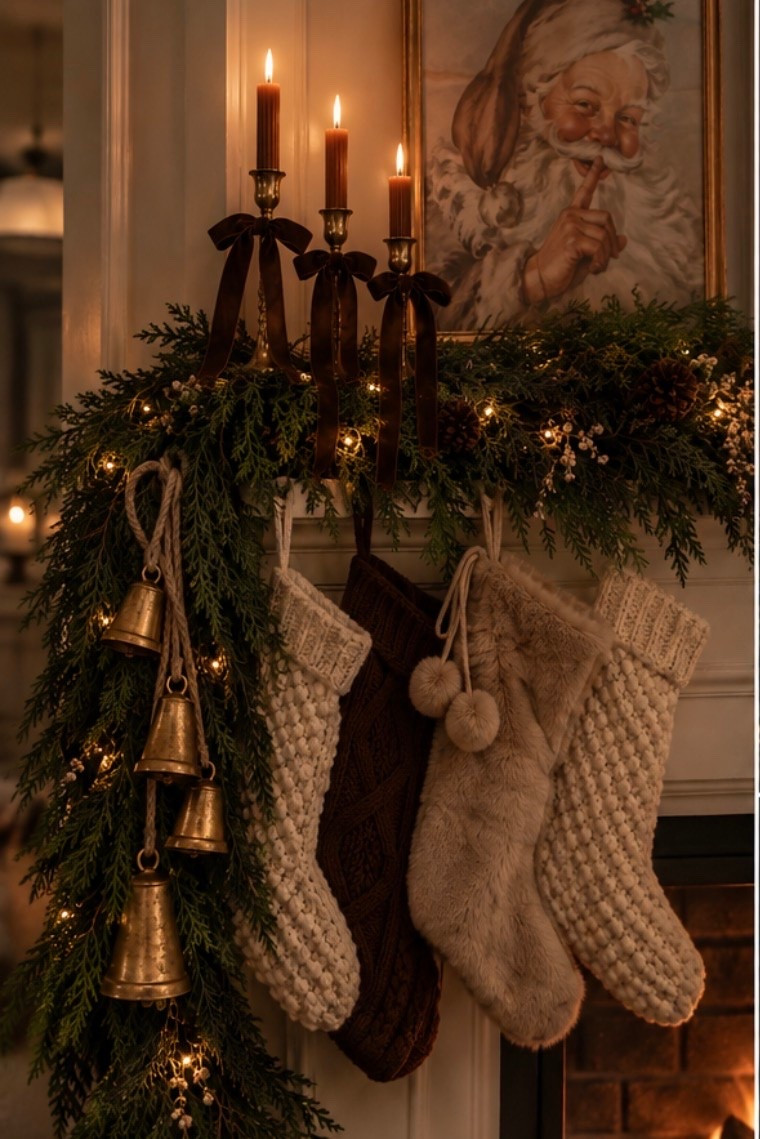 The coziest little Christmas mantel moment 🤎🎄 I mixed Walmart + Amazon finds to get this warm, collected look—chunky knit stockings, soft faux fur, antique-inspired brass bells, layered greenery and all the chocolate brown details. It feels vintage, cozy and expensive without actually being expensive. ✨

I linked the stockings + Christmas decor so you can recreate the look! 🤎

#WalmartChristmas #AmazonChristmas #ChristmasStockings #ChristmasMantel #ChristmasDecor

#LTKSaleAlert #LTKSeasonal #LTKHome