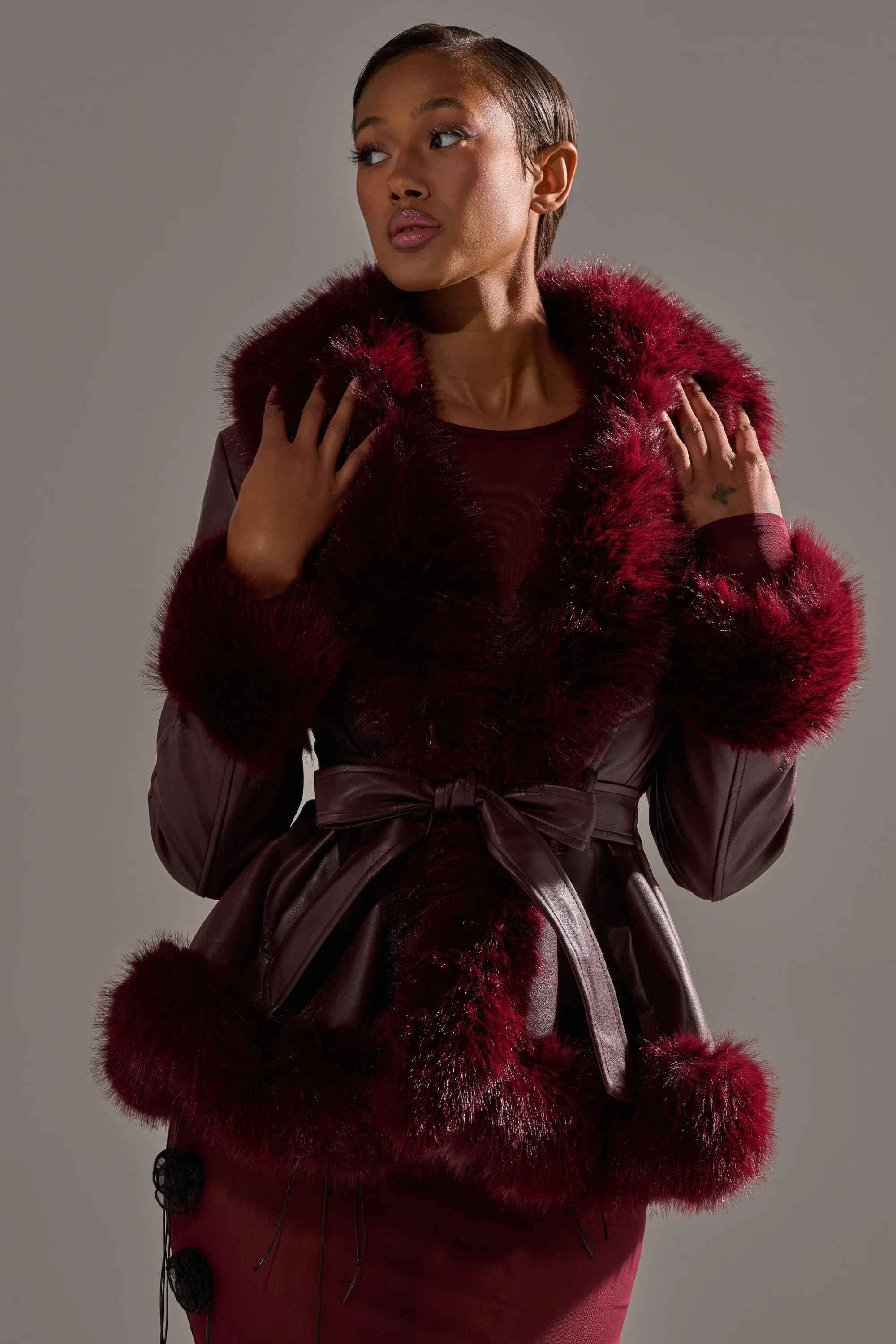 KENZY FUR TRIM MOTO IN BURGUNDY | AKIRA
