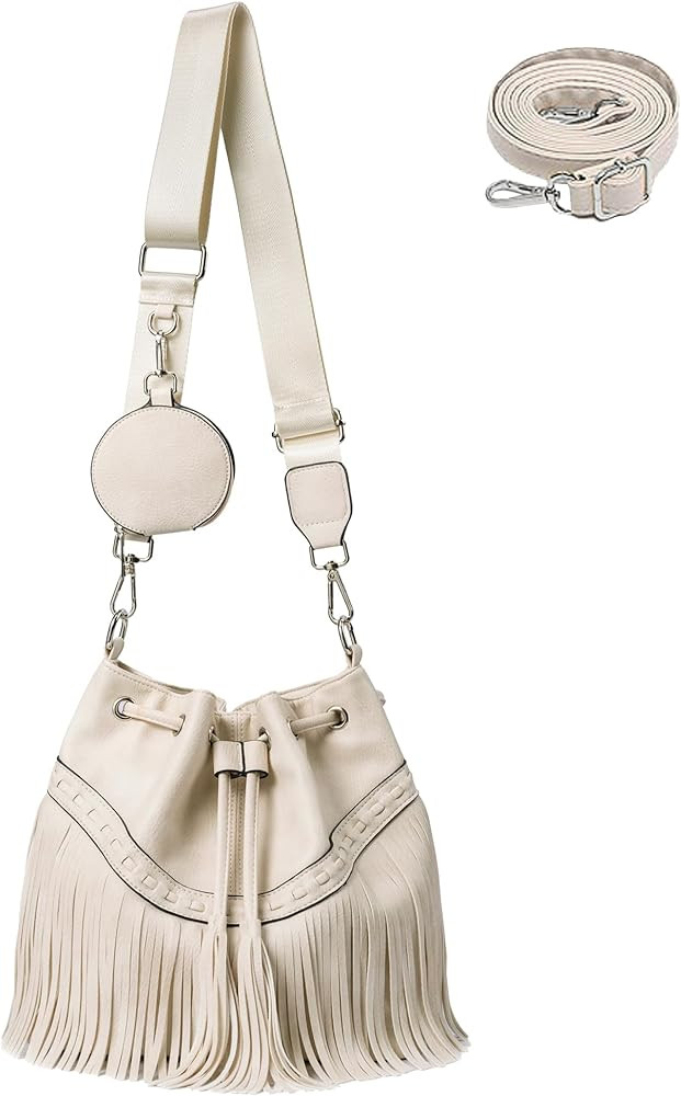 Sunwel Fashion Women Bucket Fringe Hobo Bag Western Purse Vegan Leather Tassel Hippie Shoulder Cr... | Amazon (US)