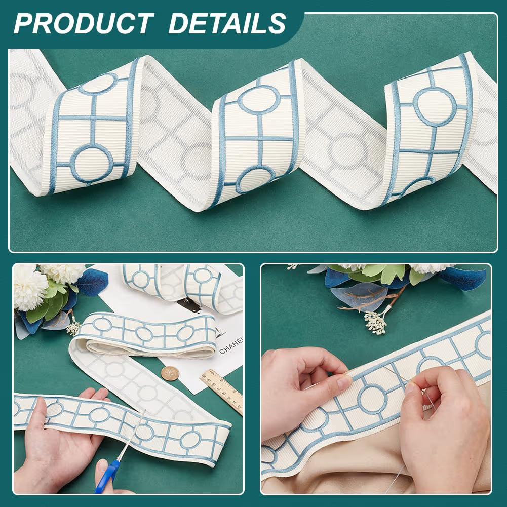 FINGERINSPIRE Aqua Trim for Curtains - 2.19 Yards, 2-1/2 inch Wide Jacquard Square Grid Ribbon Po... | Amazon (US)