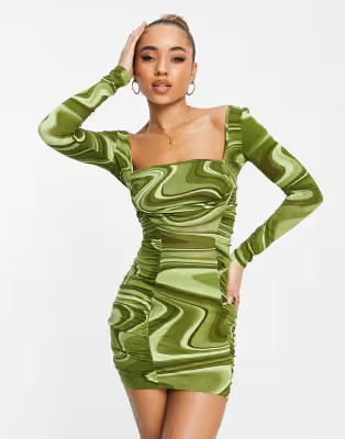 ASOS DESIGN long sleeve ruched cowl front mini dress in green swirl print | ASOS (Global)