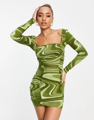 ASOS DESIGN long sleeve ruched cowl front mini dress in green swirl print | ASOS (Global)