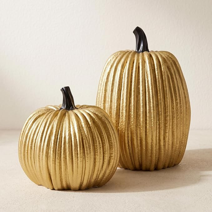 Gold Halloween Pumpkin Decor, Small Resin Pumpkins Set of 2 | Amazon (US)