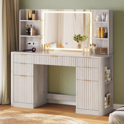 Fluted Makeup Vanity Desk With Large Mirror And Lights, Vanity With Power Strip, 6 Open Shelves, 2 Cabinets,5 Drawer, Modern Dressing Table For Bedroo | Wayfair North America