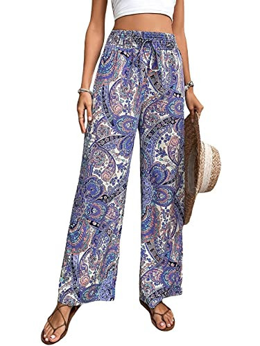OYOANGLE Women's Boho Paisley Print High Elastic Waist Loose Wide Leg Pants Palazzo Trousers Purple L | Amazon (US)