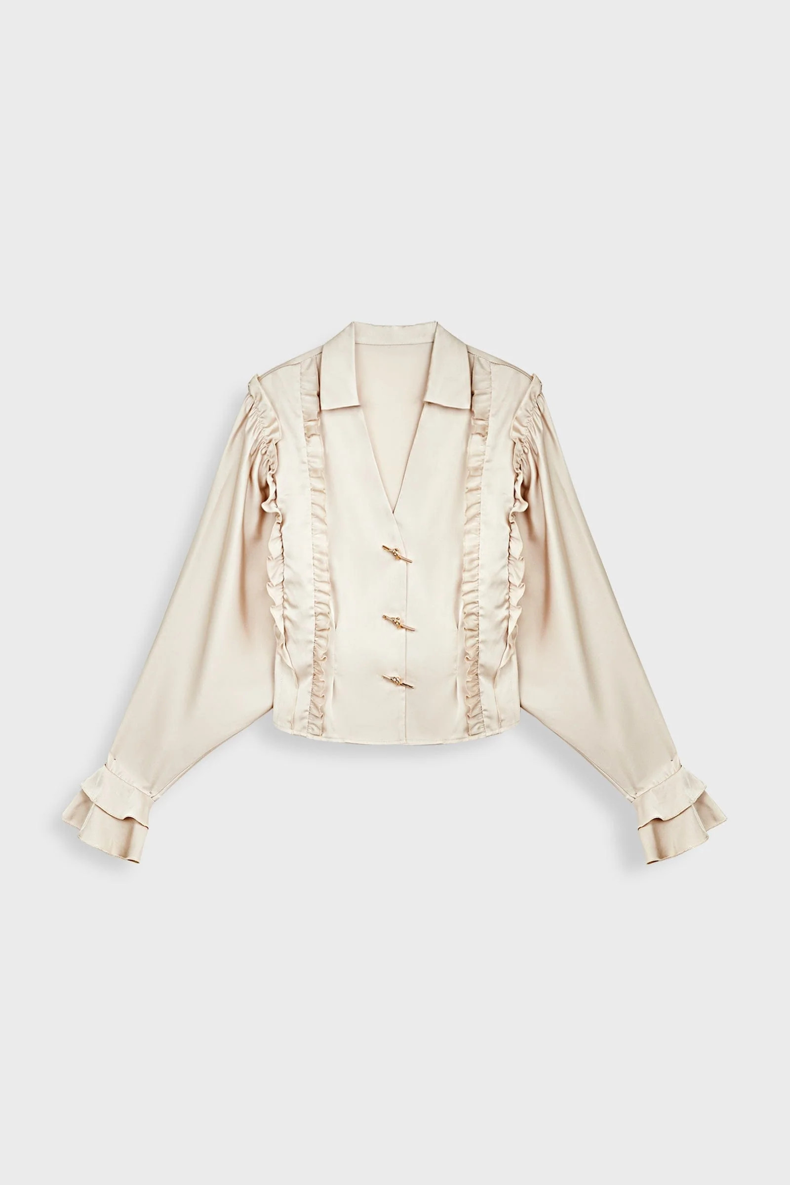 Beige Ruffled V-Neck Blouse | J.ING