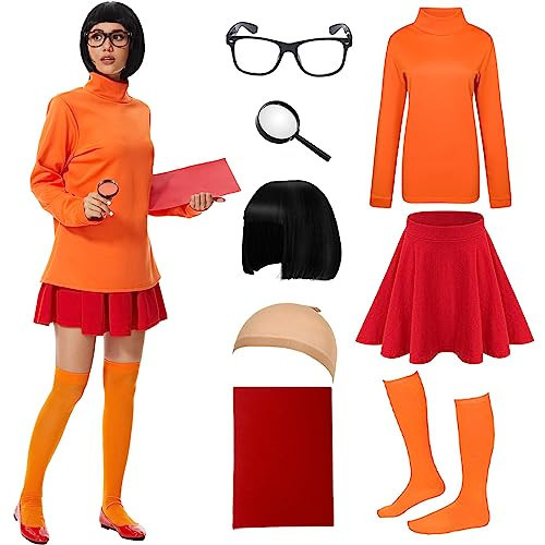 ZOKJFDK Velma Costume Adult Women Halloween Classic Movie Characters Costume with Bob Wig, Long Sleeve Turtleneck Crop Top (Large) | Amazon (US)