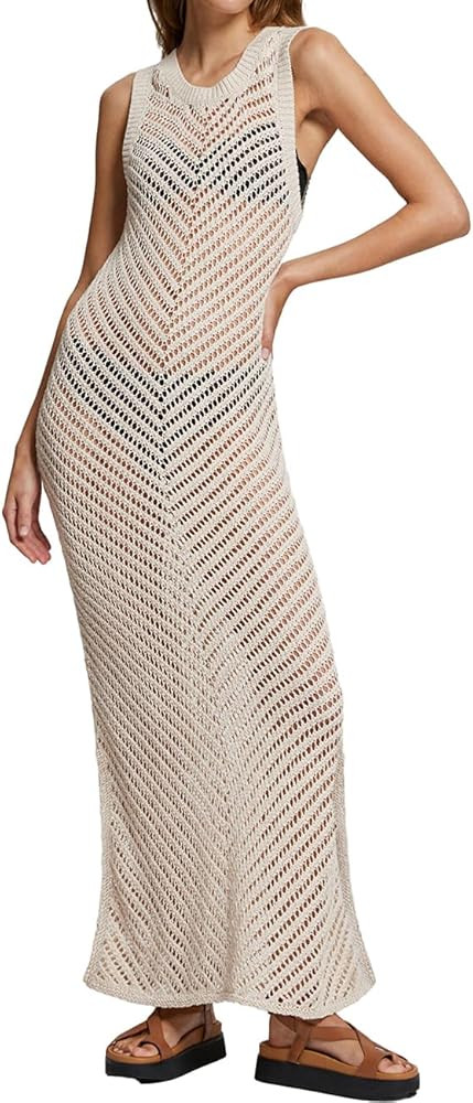 Bsubseach Women Crochet Swimsuit Cover Up Sleeveless Hollow Out Long Swim Coverup Beach Dress | Amazon (US)