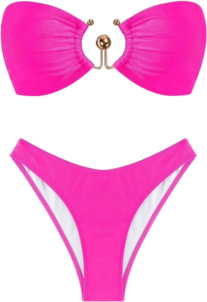 ZAFUL Womens Bandeau Bikini Set Metallic Sparkly O Ring Lace Up Tie Side High Cut Tanga Sexy Bath... | Amazon (US)