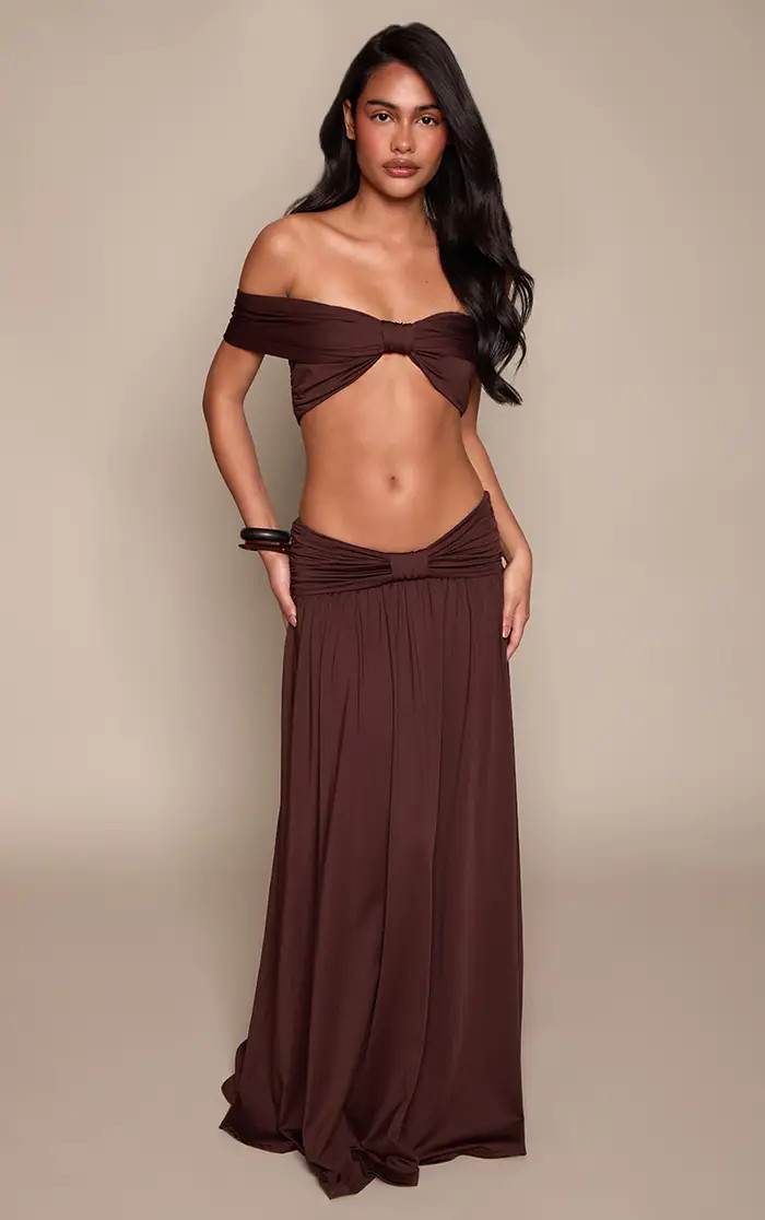 Chocolate Bardot Knot Detail Maxi Skirt Co-ord | PrettyLittleThing UK