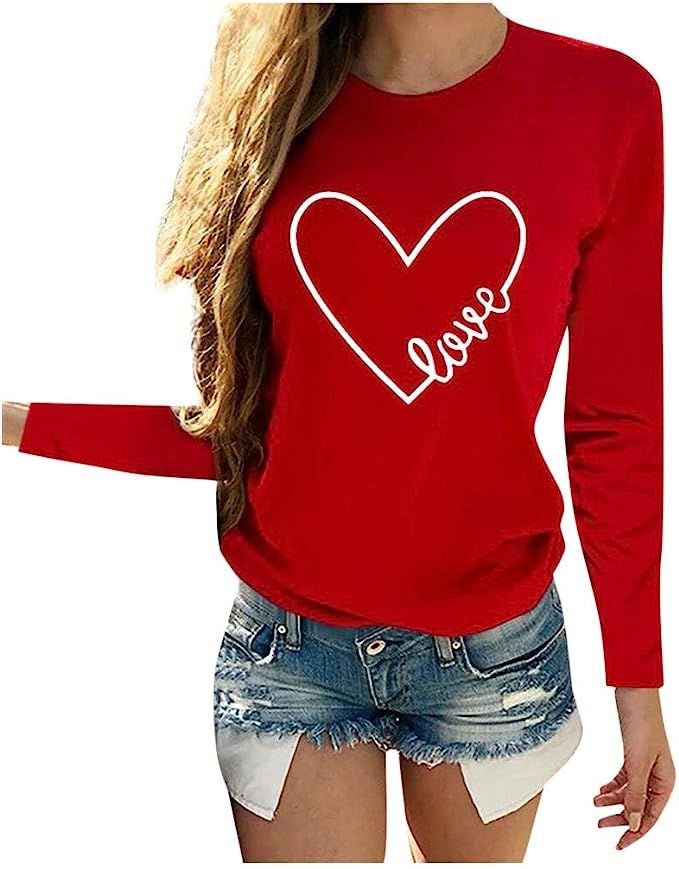 Heart Graphic Tees for Women Long Sleeve Shirts 2021 Crewneck Tops Valentine's Day Love Blouse T ... | Amazon (US)